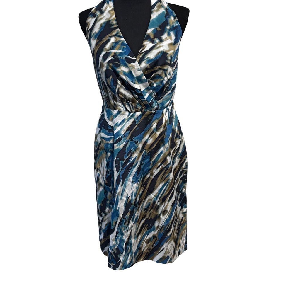 Silk Abstract Teal Blue Gold Halter Neck Babydoll ruche Dress Sz 2 y2k 90s fairy